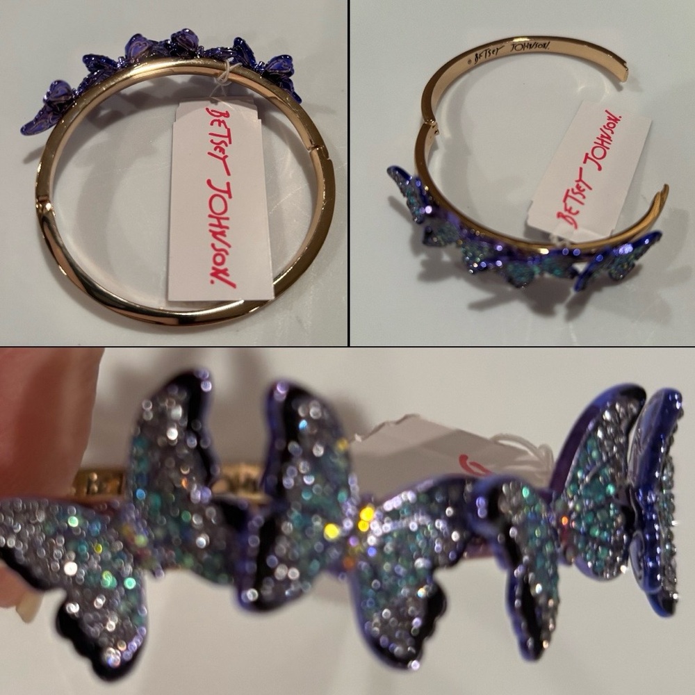Betsey Johnson blue butterfly rhinestone locking bangle bracelet / NEW with tags